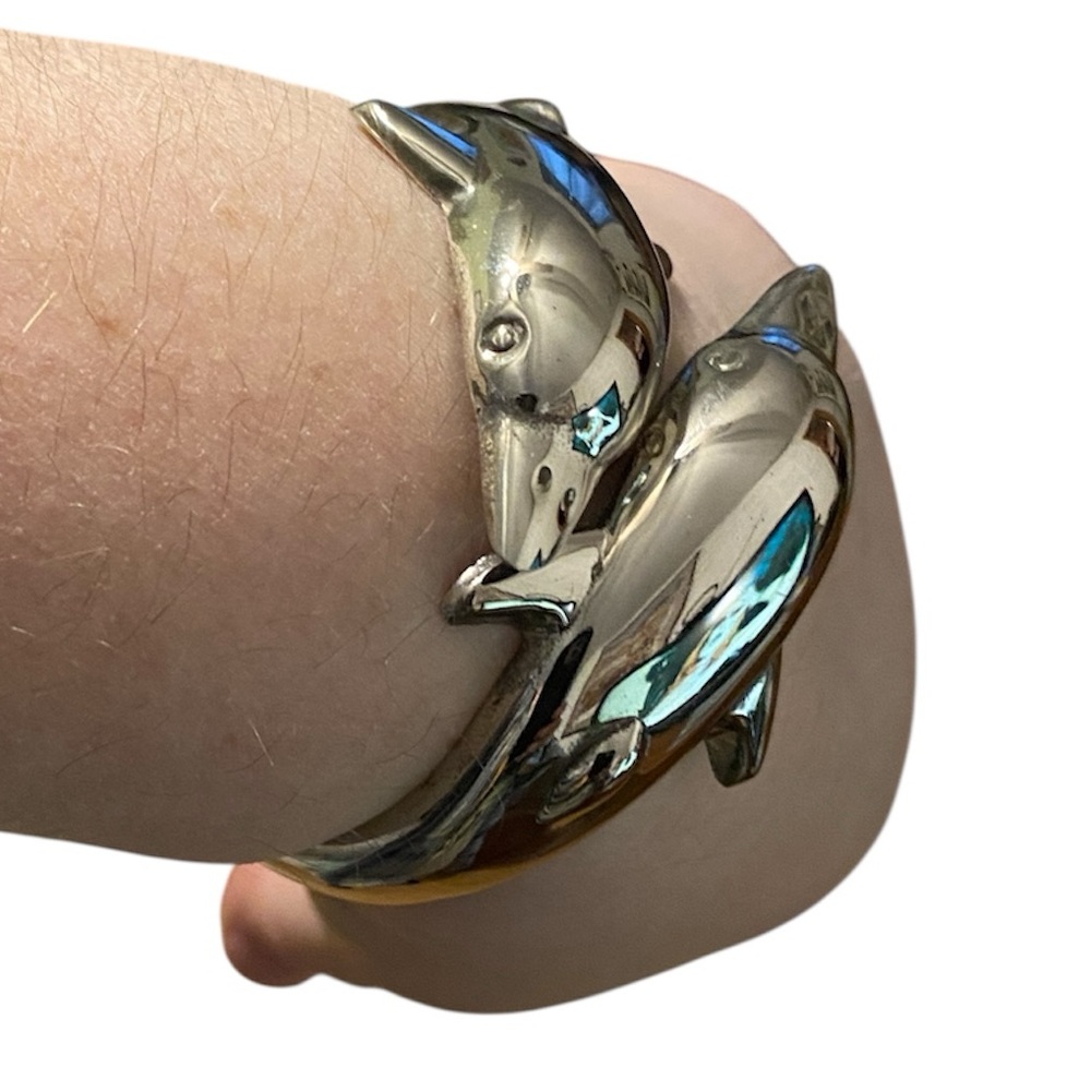 925 Silver Dolphin Spring Bangle Cuff Bracelet